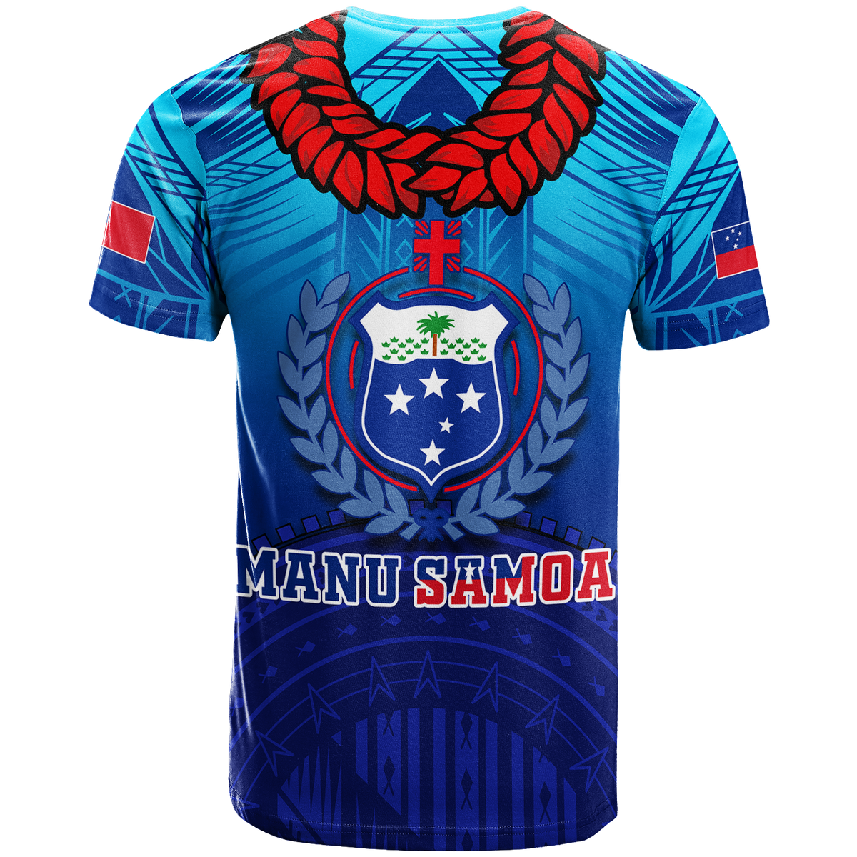 Blue graphic Legend T-shirt back with laurel crest, red wreath and flag patches