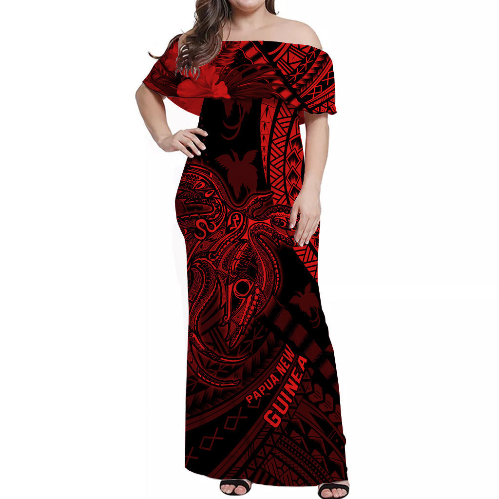 custom-personalised-papua-new-guinea-off-shoulder-long-dress-raggiana-birds-of-paradise-red