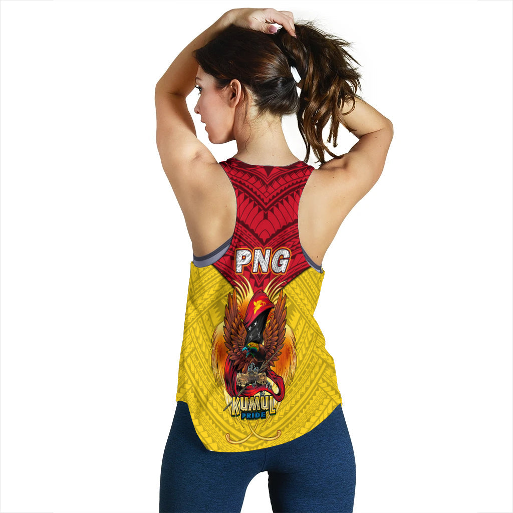 Yellow women’s rugby tank top back with red PNG logo and eagle graphic