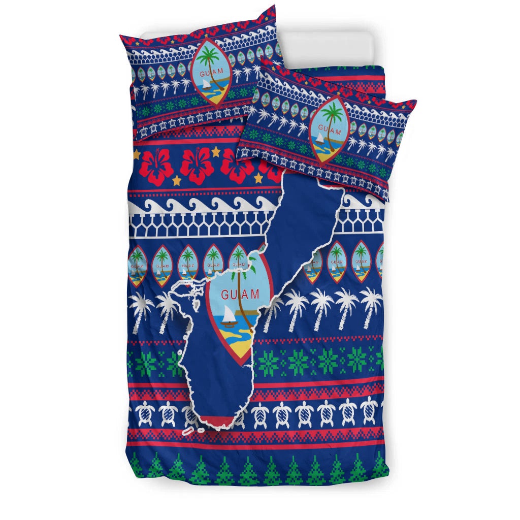 Blue Guam holiday duvet with map, palms, and red/green stripe bands