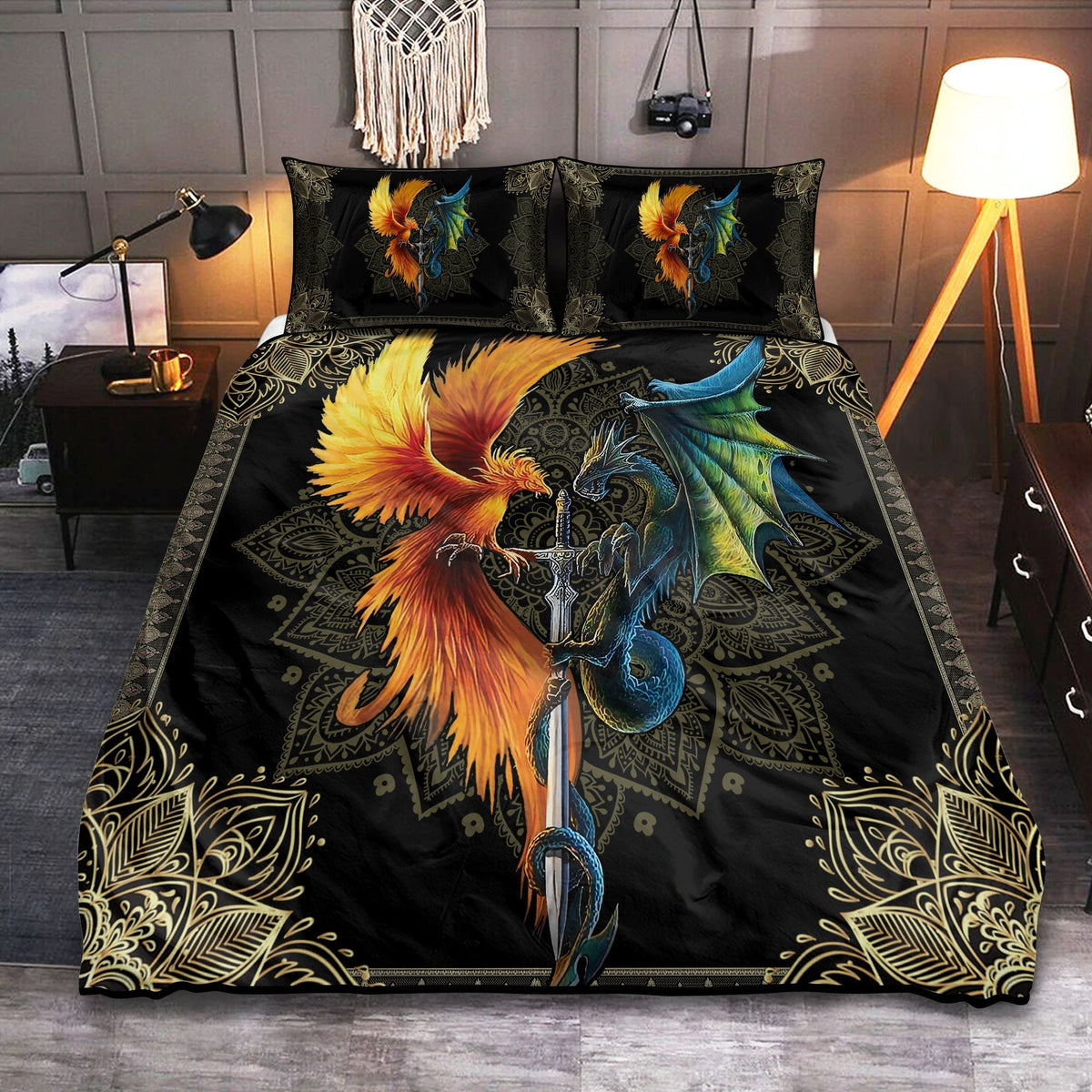 Dragon And Phoenix Sword Bedding Set - Wonder Print Shop