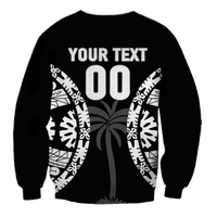 Black sweatshirt back with 'YOUR TEXT' above large 00 and white tapa palm graphic