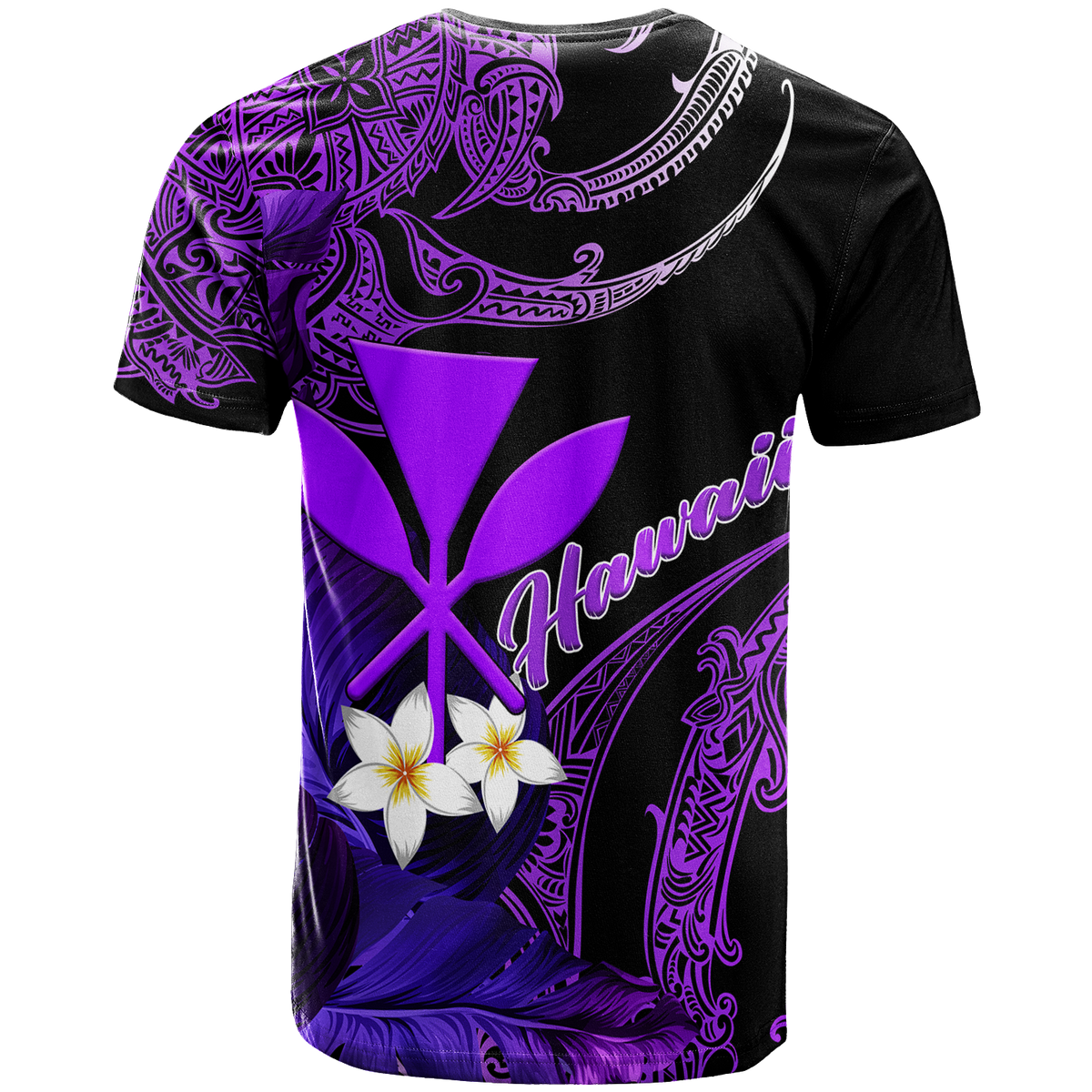 Black T-shirt with purple turtle graphic, plumeria flowers, and cursive text