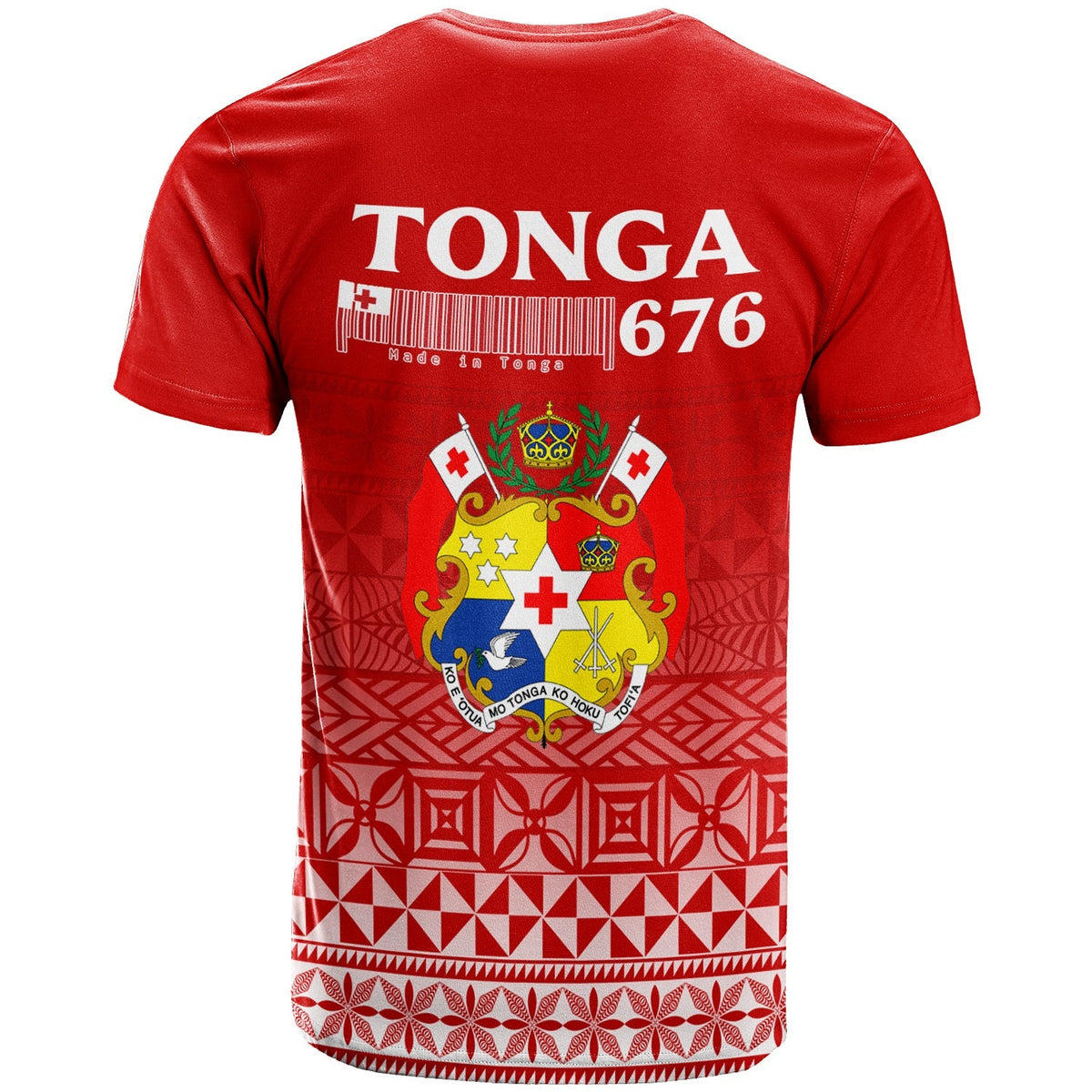 Red Tonga 676 T-shirt back shows crest over tribal pattern