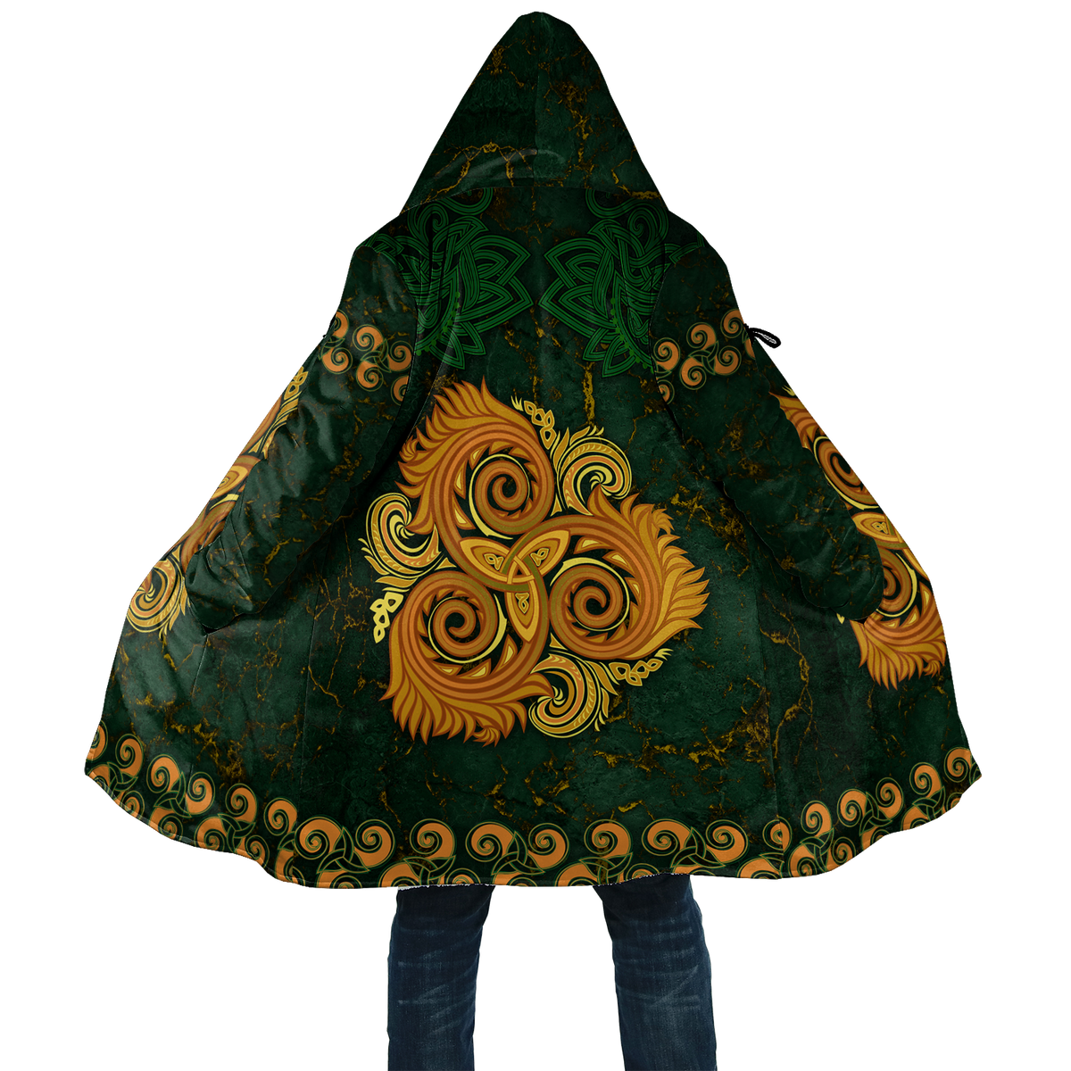Green hooded cloak, back view with large gold triple-spiral Celtic artwork