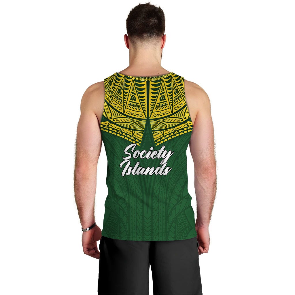 Back view: green men’s tank top with yellow patterned yoke and Society Islands print