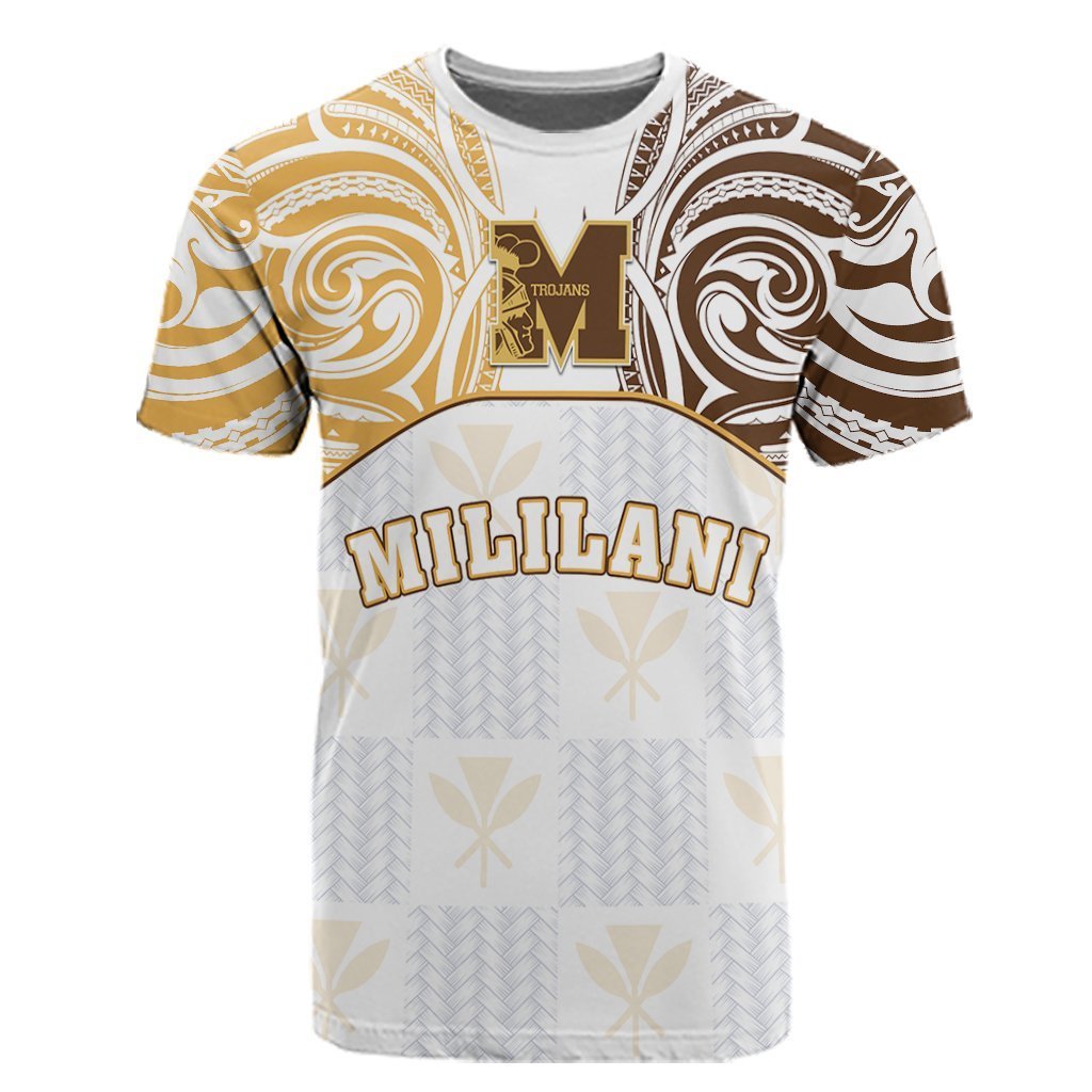White T-shirt with gold and brown pattern, chest crest, and 'MILILANI' text