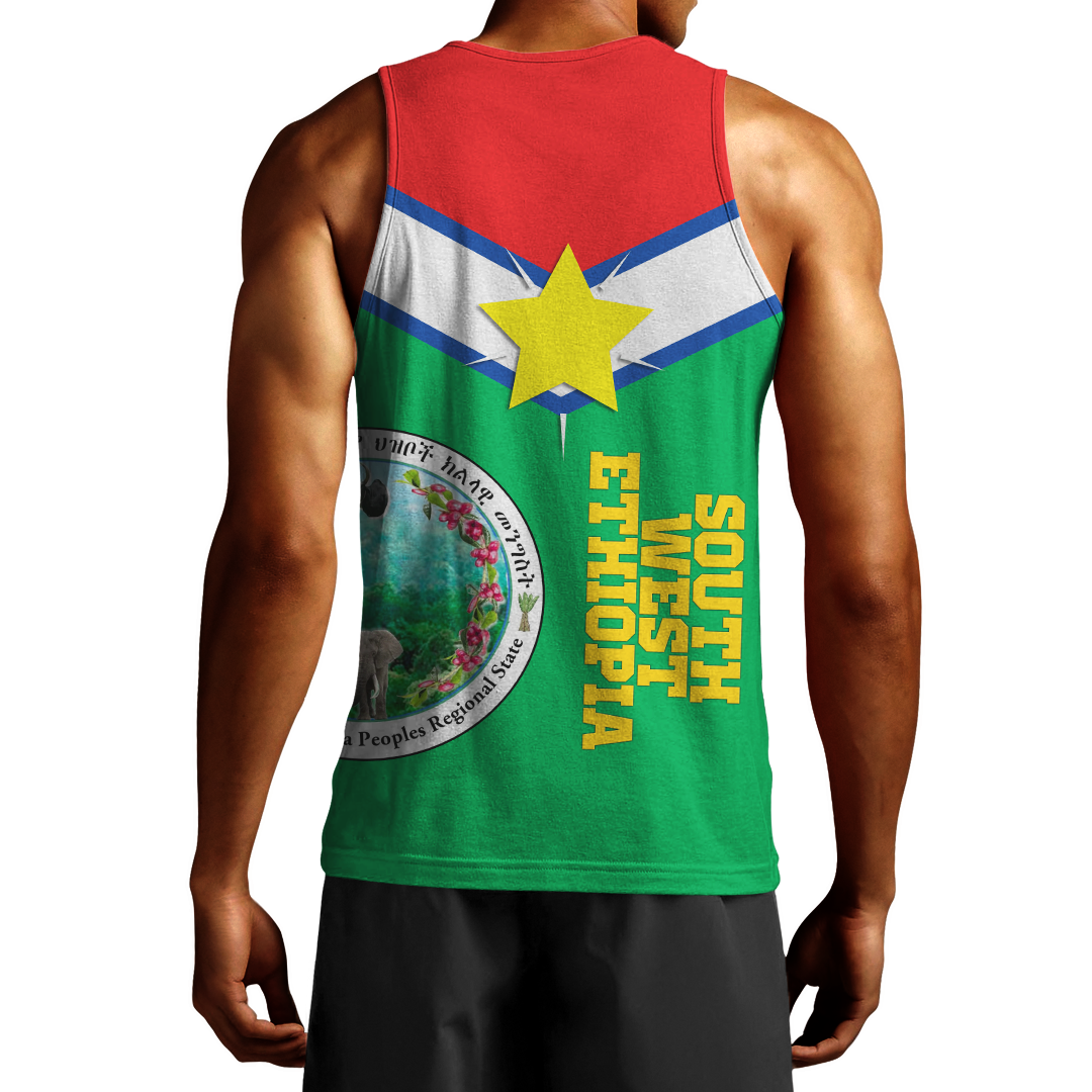 Green men’s tank top back print with yellow star and Southwest Ethiopia lettering plus globe