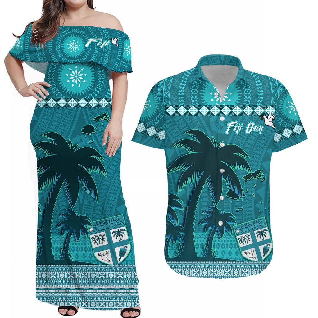 Personalised Bula Fiji Matching Hawaiian Shirt And Dress Fijian Tapa with Palm Tree Turquoise LT13 - Wonder Print Shop