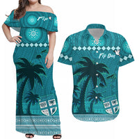 Personalised Bula Fiji Matching Hawaiian Shirt And Dress Fijian Tapa with Palm Tree Turquoise LT13 - Wonder Print Shop