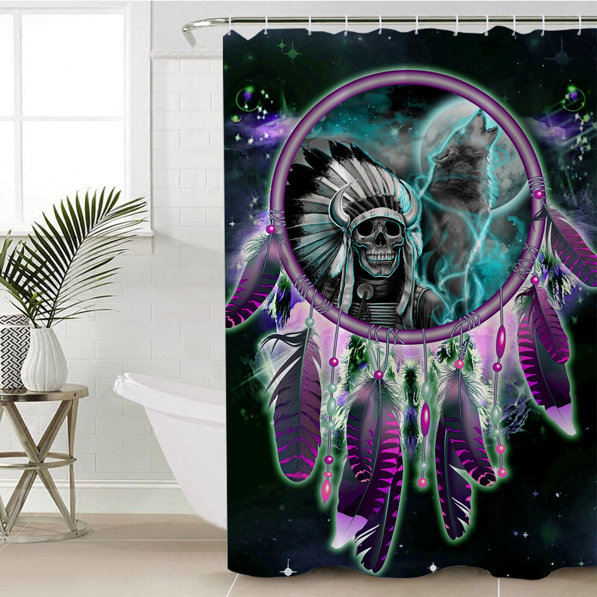 Colorful shower curtain with skull dreamcatcher graphic and feathers in purple and teal