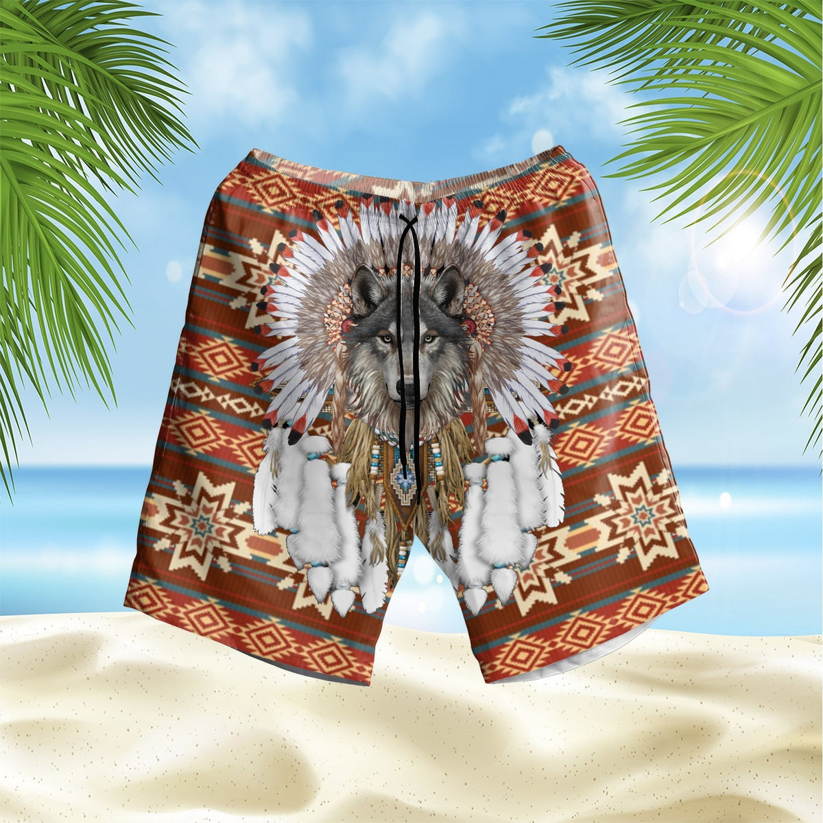 native-american-pattern-red-wolf-hawaiian-shorts