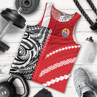 Red men’s tank top with Polynesian tribal pattern, scoop neckline, sleeveless