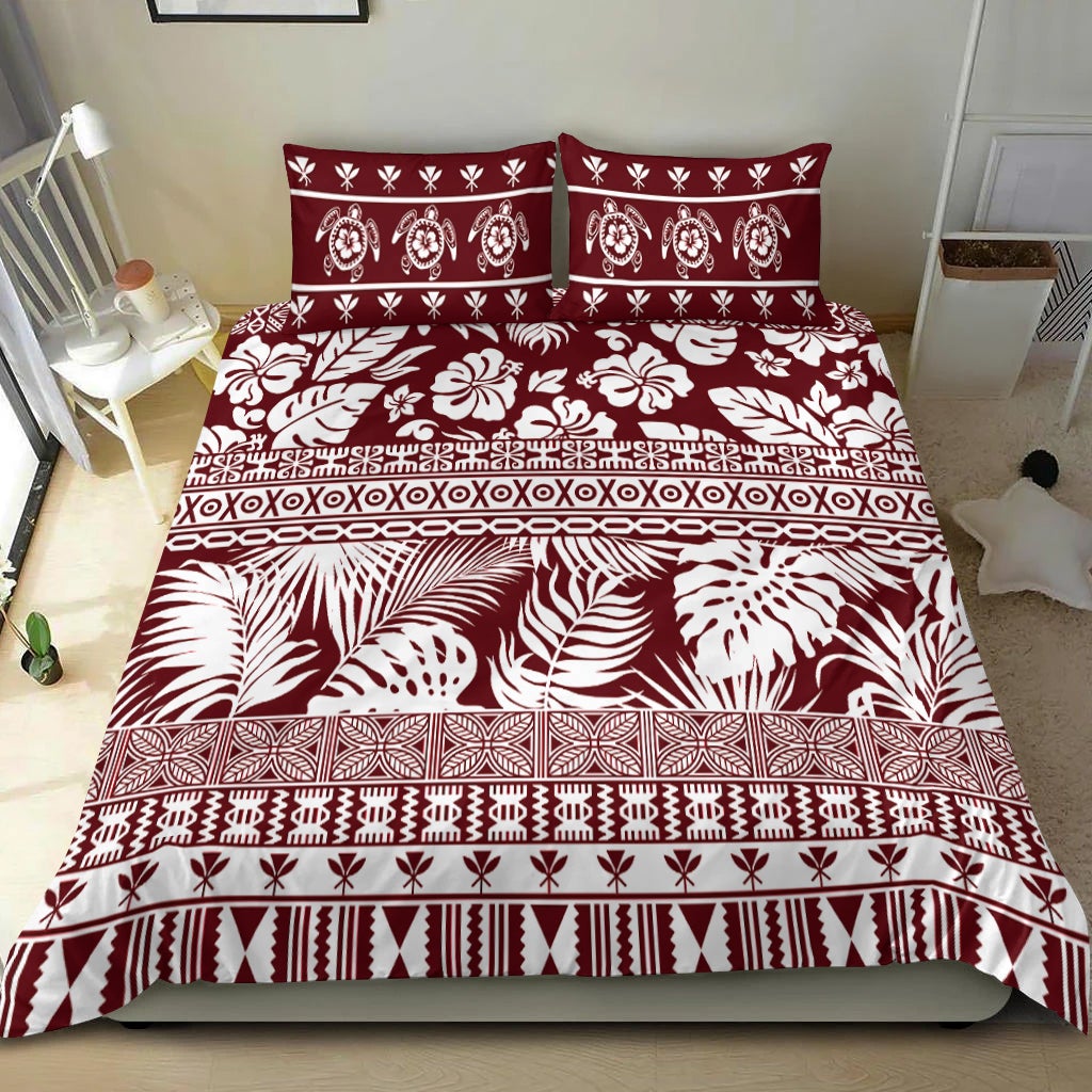Red and white tropical print bedding set with matching pillow cases and layered bands