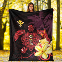 Premium Hawaiian blanket with turtle and hibiscus flowers in red and yellow on dark fabric