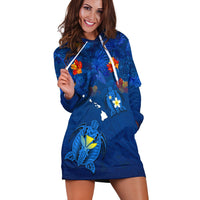 Hawaiian Islands Hoodie Dress - Hawaii Tropical Flowers and Turtles Blue LT13 - Wonder Print Shop