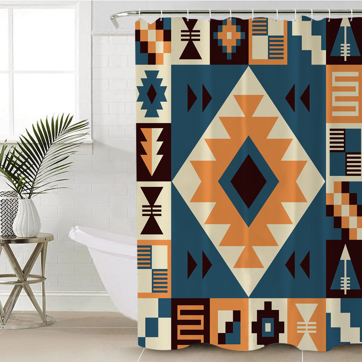Navy shower curtain with geometric arrow pattern in orange, beige, and dark accents