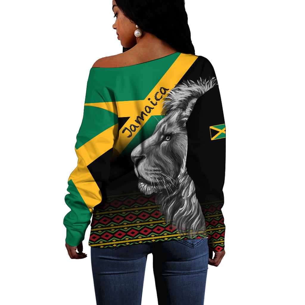 Jamaica Lion Off Shoulder Sweater Jamaican Pattern Version Black LT13 - Wonder Print Shop