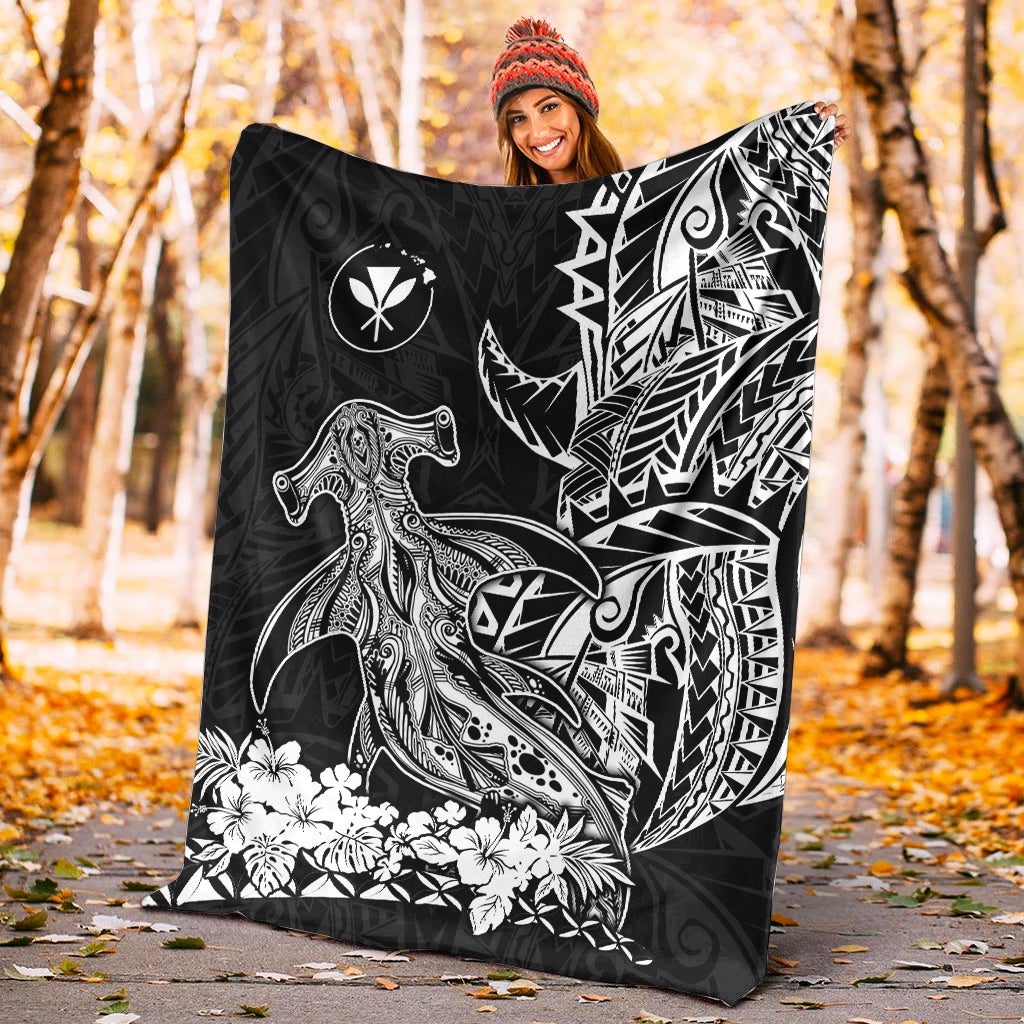 Black blanket with white hammerhead shark illustration, geometric tribal waves and flowers