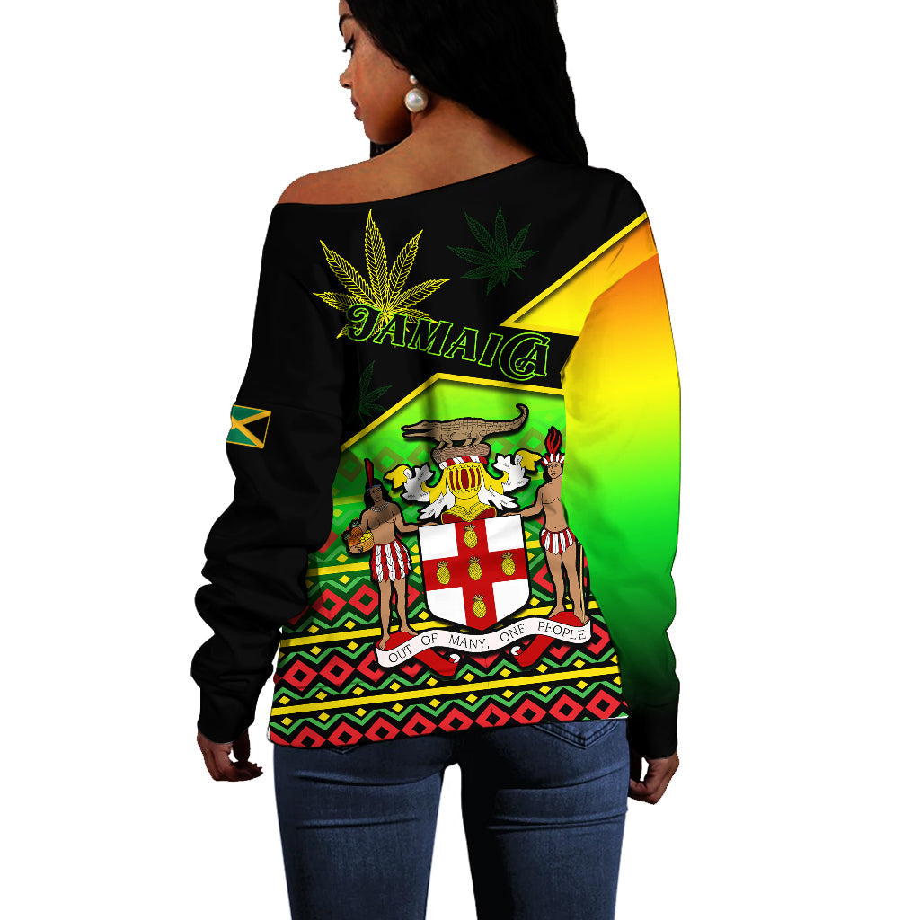 Jamaica Lion Off Shoulder Sweater Jamaican Pattern Version Reggae Colors LT13 - Wonder Print Shop