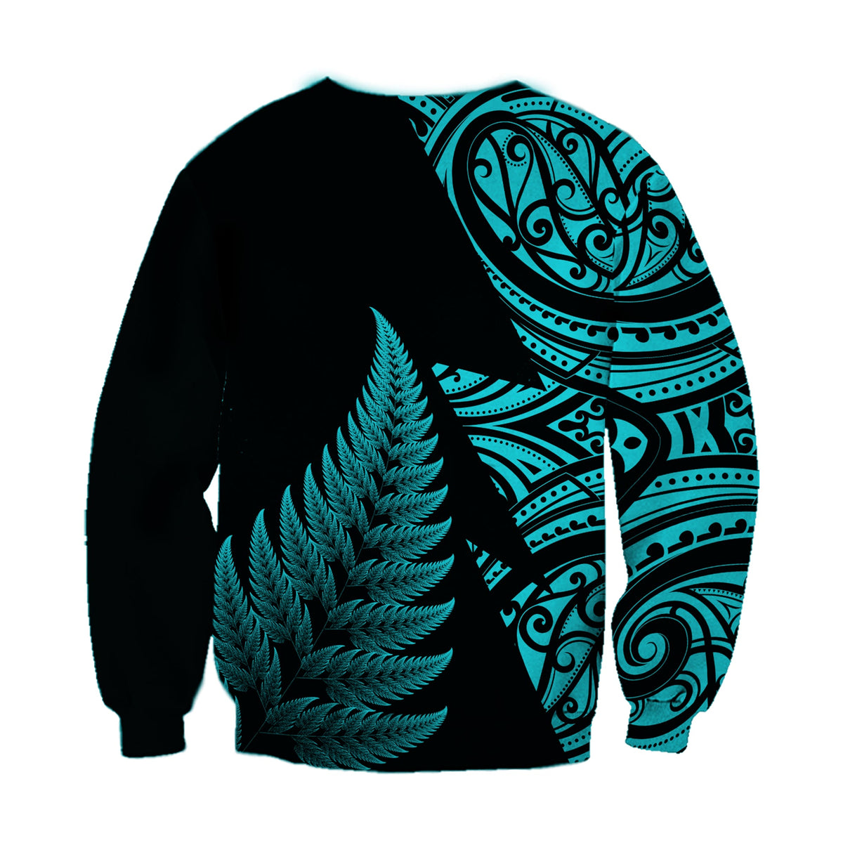 Unisex rugby sweatshirt, black with turquoise fern and tribal pattern on sleeves