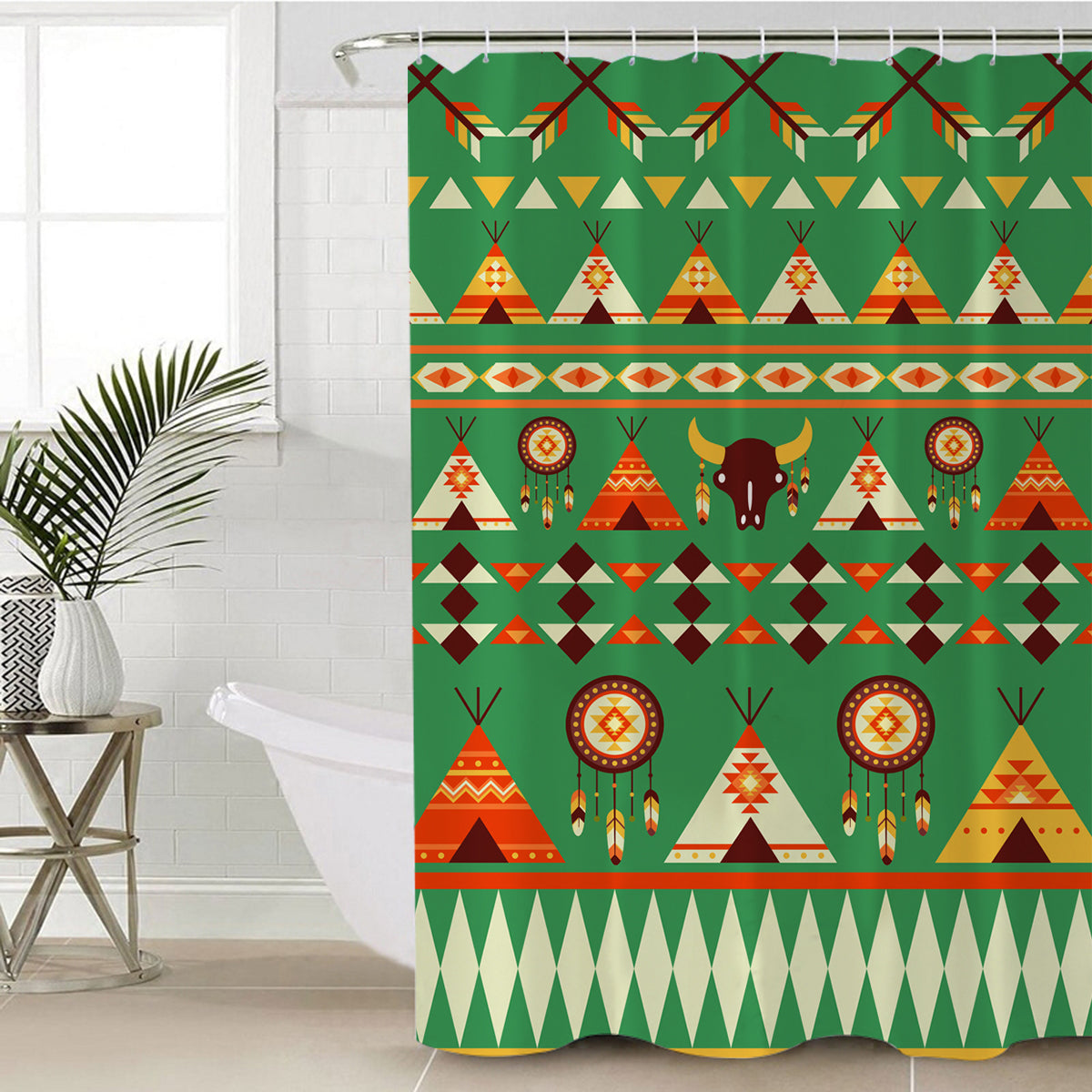 Green shower curtain with multicolor tribal teepee and diamond pattern, hanging hooks