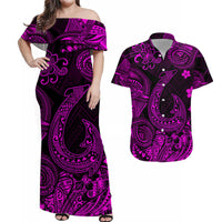 Off-shoulder long dress in black with purple-magenta Polynesian pattern accents