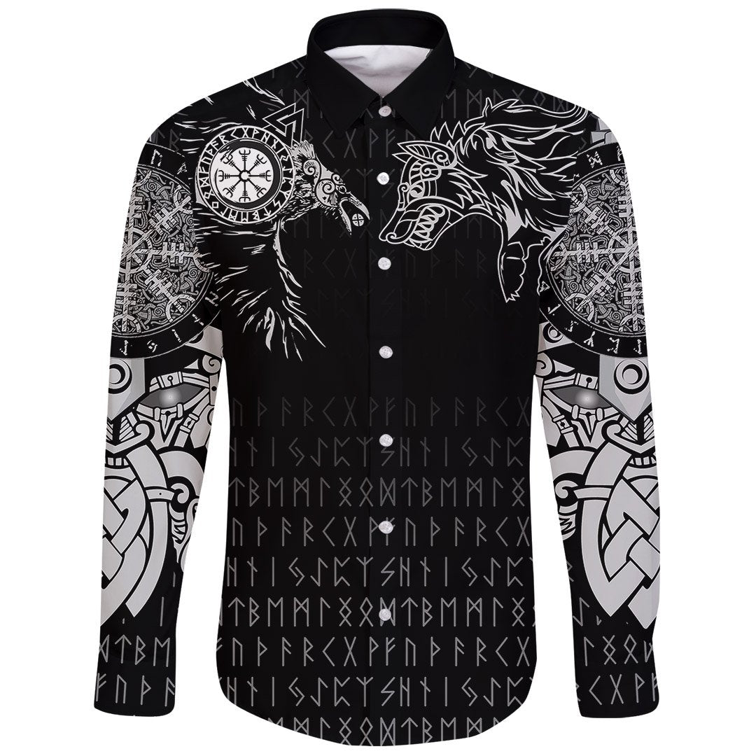 Viking Long Sleeve Button Shirt Raven and Wolf Special Tattoo RLT12 - Wonder Print Shop