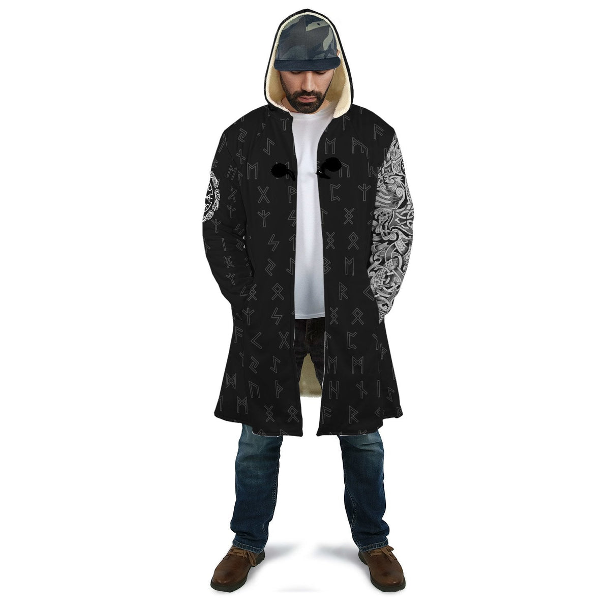 Black unisex hooded cloak on model, open front with white raven sleeve artwork