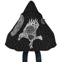 Black hooded cloak with large white raven tattoo graphic and rune pattern, front view