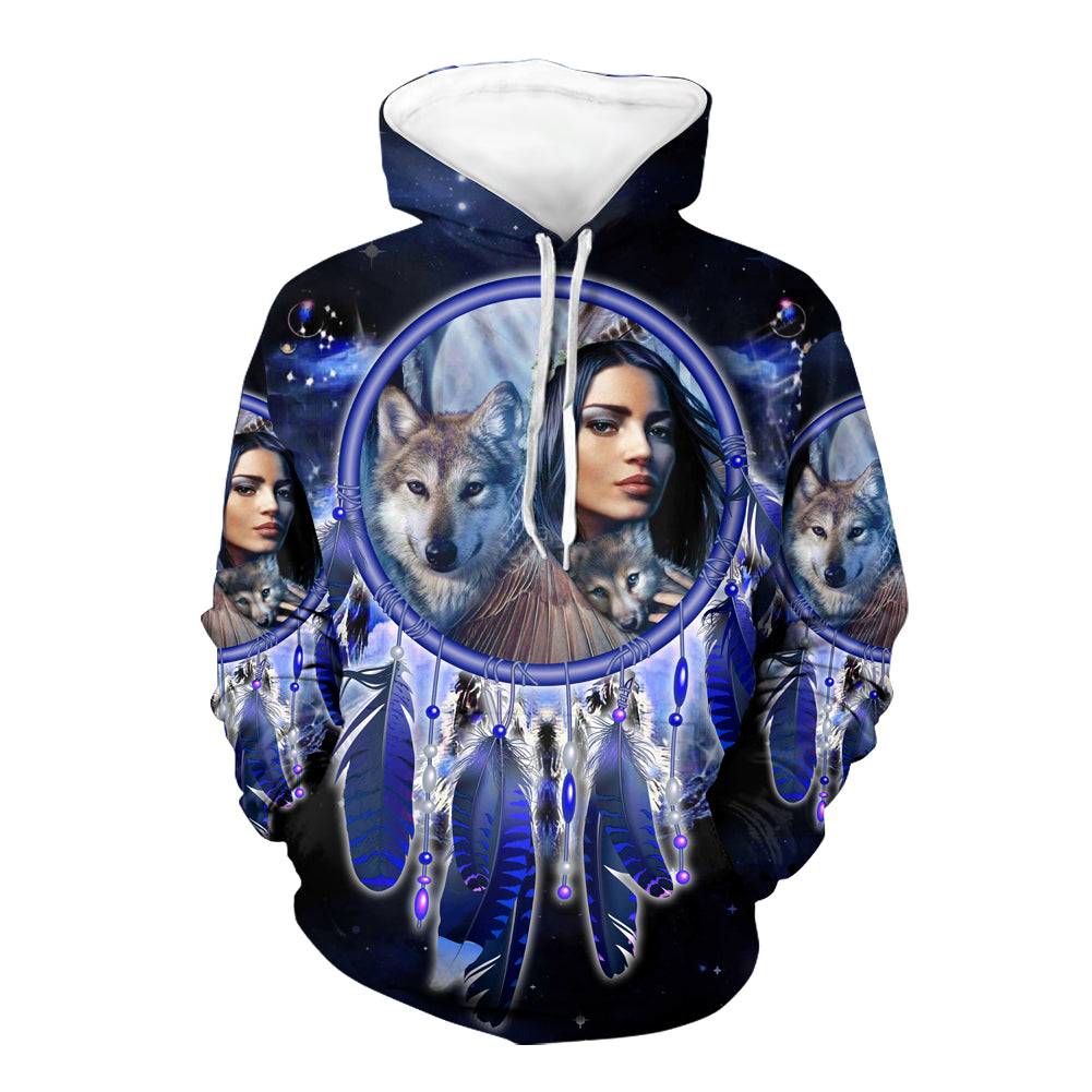 Native American Girl Dream Catcher Blue Galaxy 3D Hoodie LT10 - Wonder Print Shop