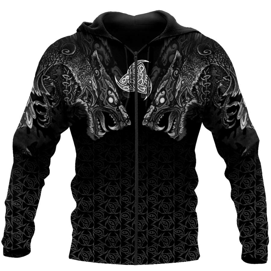 Viking Clothing Fenrir Wolf and Triple Horn Of Odin Viking Hoodie RLT12 - Wonder Print Shop