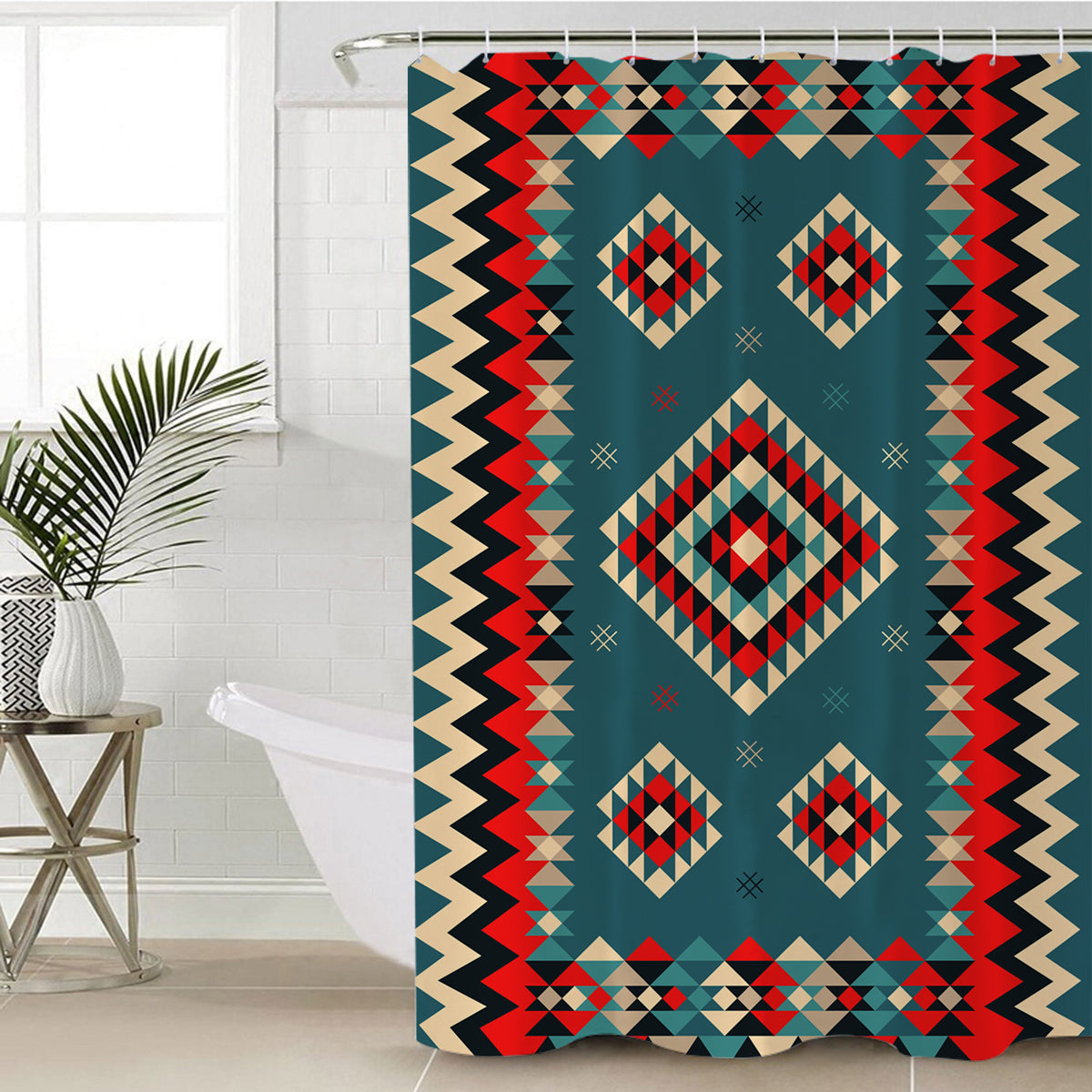 Red, teal, and cream geometric shower curtain with diamond pattern and zigzag border