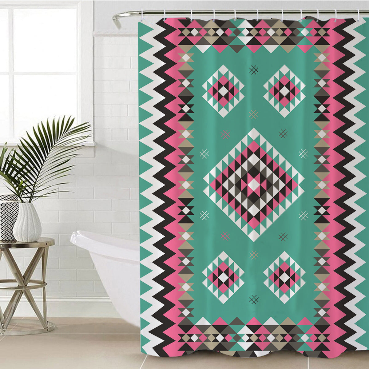 Geometric pink shower curtain with teal diamond motifs and zigzag border