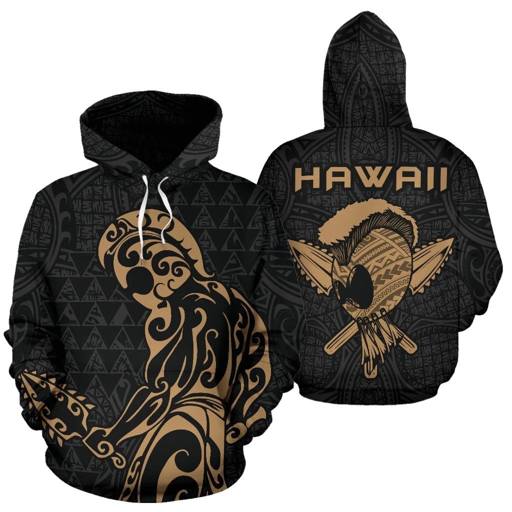 Polynesian Kakau Helmet Weapon Gold - Kanaka Warrior Hoodie - Wonder Print Shop