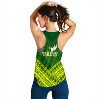 Back view green racerback tank with Tailevu logo and dove graphic on patterned fabric