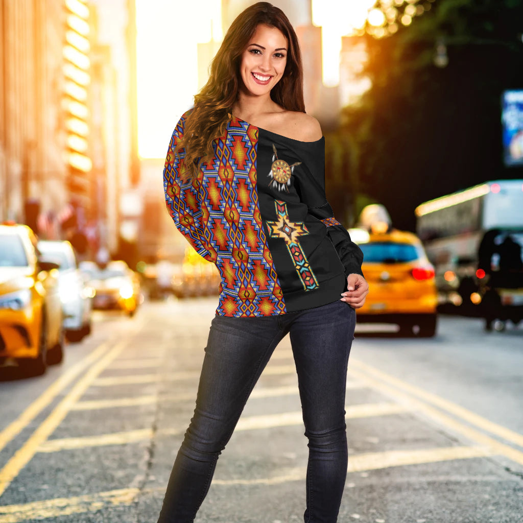 Native American Navajo Cross Heritage Women Off Shoulder Sweater LT12 - Wonder Print Shop