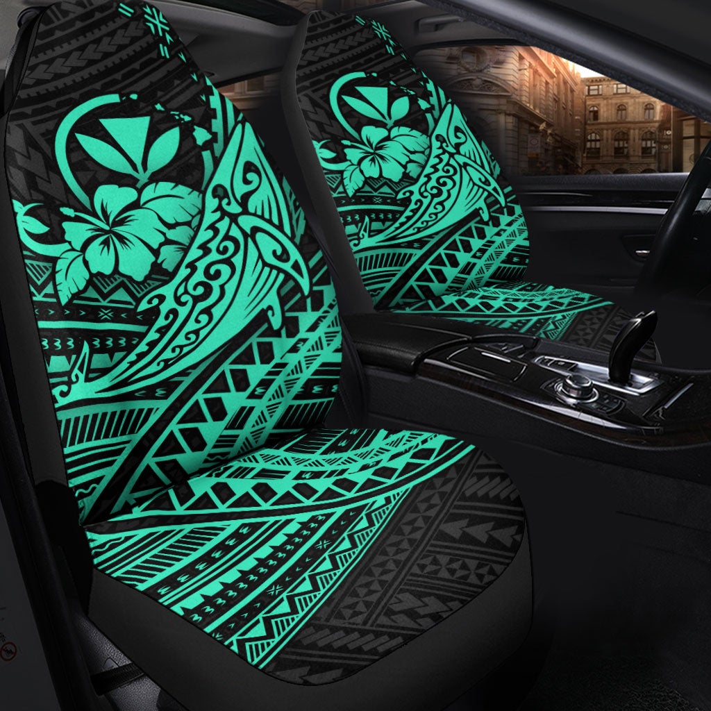Hibiscus and whale turquoise tribal print on black car seat covers, full front and base