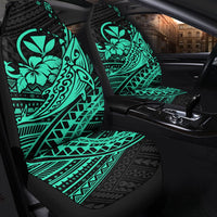 Hibiscus and whale turquoise tribal print on black car seat covers, full front and base
