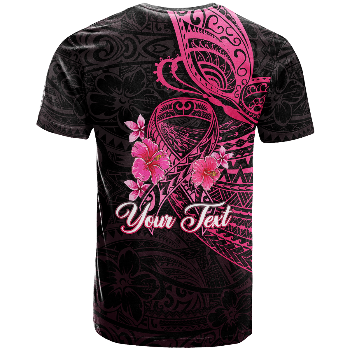Black T-shirt with pink butterfly and floral Polynesian pattern, 'Your Text' print