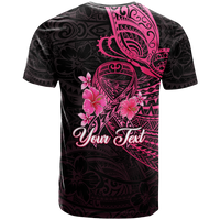 Black T-shirt with pink butterfly and floral Polynesian pattern, 'Your Text' print