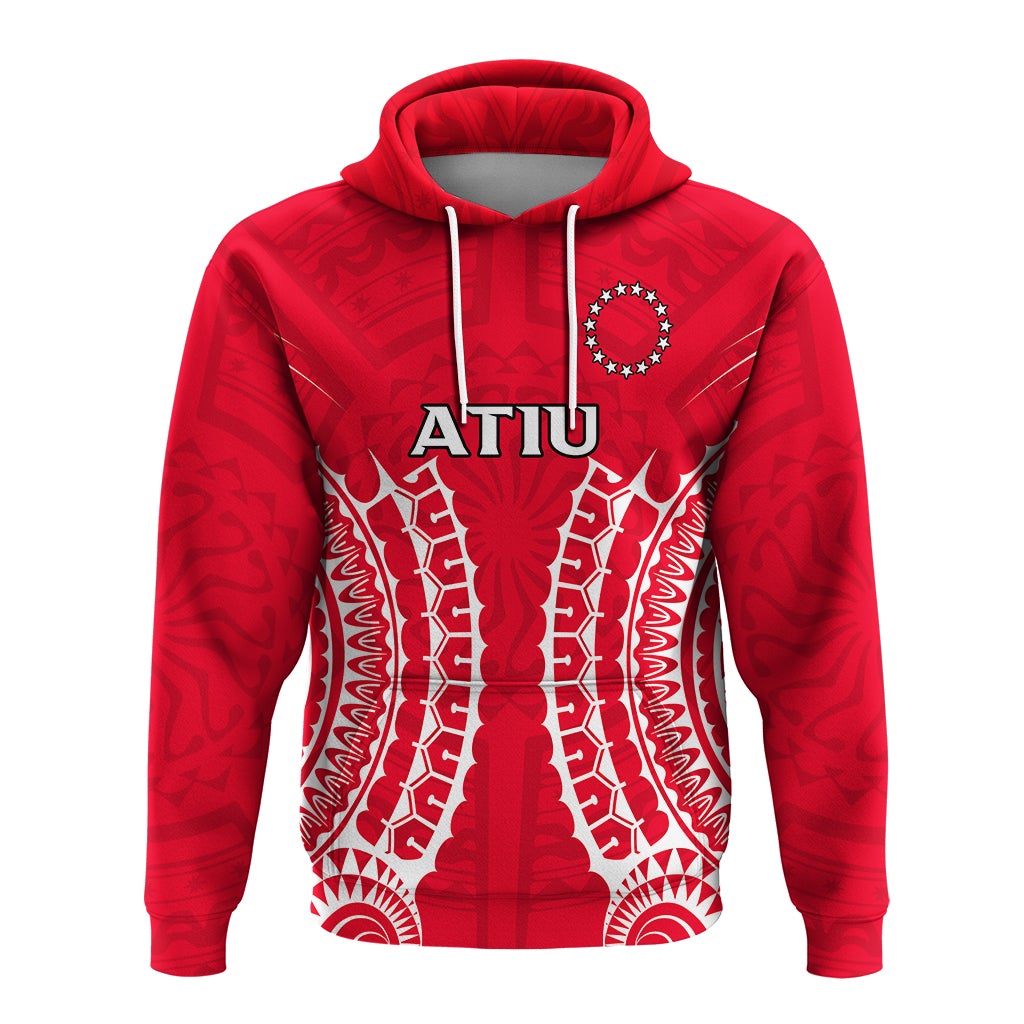 Red pullover hoodie with Atiu logo and tribal white print, front view