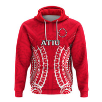 Red pullover hoodie with Atiu logo and tribal white print, front view