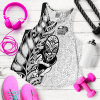 Women’s rugby tank top flat lay, white with black Maori-style rugby graphic