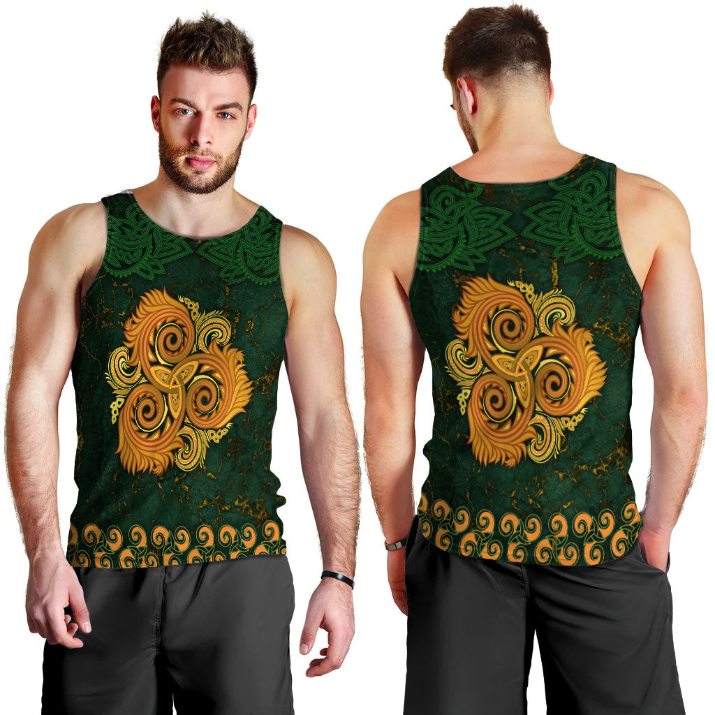 Green men’s tank top front and back view with triple-spiral Celtic ornament