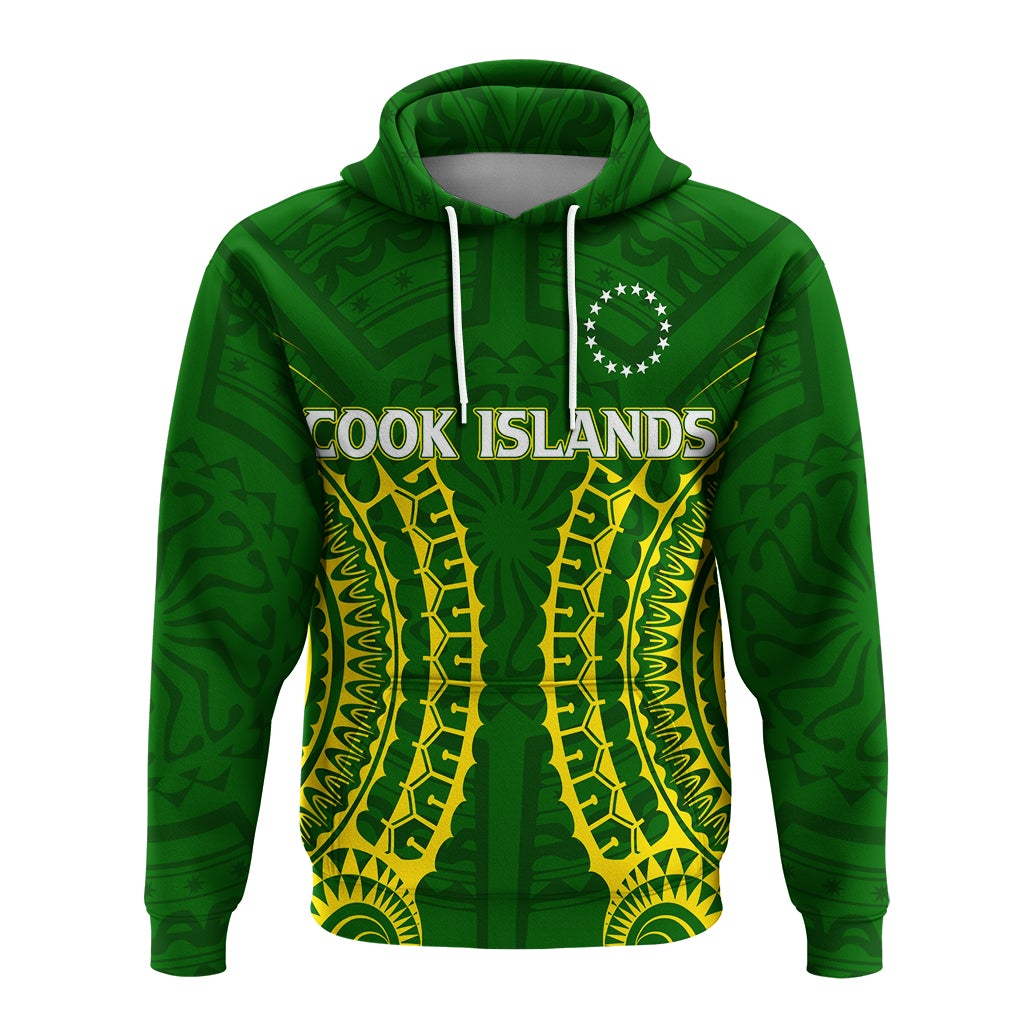 Green hoodie with tribal pattern and 'COOK ISLANDS' text across the chest