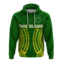 Green hoodie with tribal pattern and 'COOK ISLANDS' text across the chest