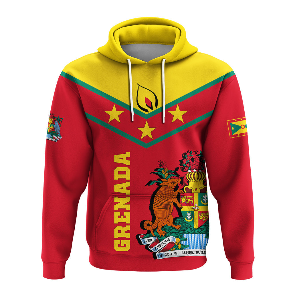 Red pullover hoodie with yellow hood, drawstrings, vertical GRENADA text and stars chevron