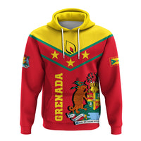 Red pullover hoodie with yellow hood and front kangaroo pocket, featuring Grenada crest art.
