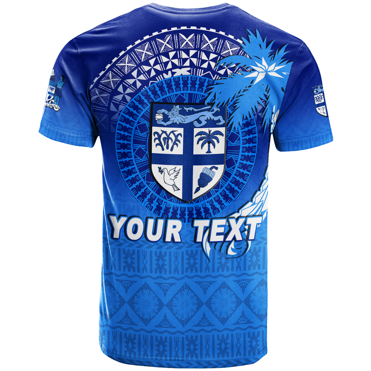 Blue T-shirt with back crest and palm tree, large YOUR TEXT graphic